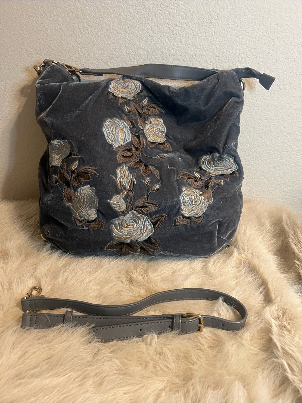 Urban Expressions Slate Gray Velvet Embroidered Hobo - Picture 4 of 9